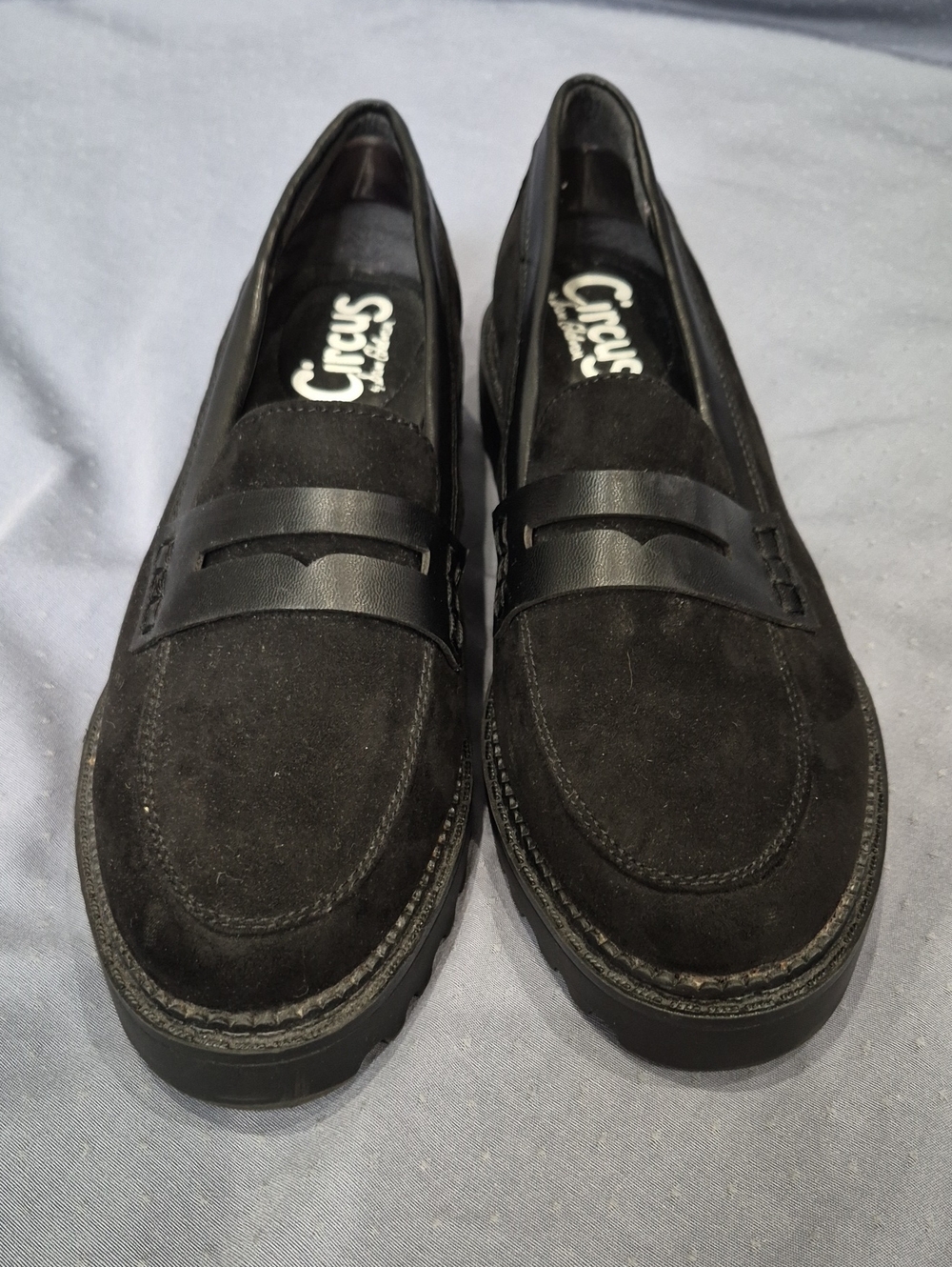 Circus by Sam Edelman Black Vegan Suede Penny Loafers Womens 8 Lug Sole Shoe